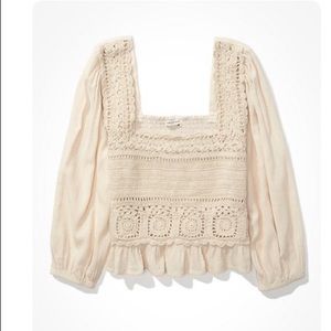 American Eagle crochet smocked square neck blouse